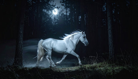 A magnificent white horse gallops through a dark, enchanted forest, its form illuminated by the ethereal glow of a full moon. This powerful and graceful creature embodies freedom, mystery, and the untamed spirit of the wild, moving like a dream through the mystical night.の素材