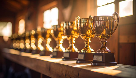 A long row of gleaming golden trophies sits on a rustic wooden shelf, bathed in the warm, hazy light of a setting sun. Each cup represents a story of dedication, hard work, and the sweet taste of victory, creating a powerful symbol of a legacy of achievement and excellence.の素材
