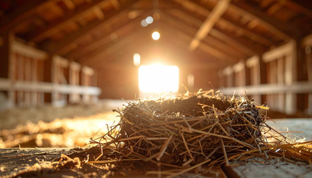 Golden morning light streams into a rustic wooden barn, illuminating an empty birds nest resting on a dusty surface. The warm, hopeful glow suggests the promise of new beginnings, family, and the quiet anticipation of life to come.の素材