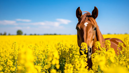 A beautiful brown horse peeks through a vibrant field of yellow rapeseed flowers on a perfect sunny day. This idyllic scene captures the tranquility and freedom of rural life, evoking a sense of peace and harmony with nature.の素材