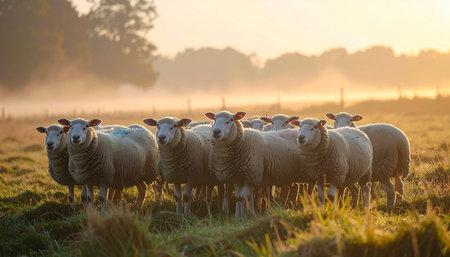 A flock of sheep stands together in a misty meadow as the first golden rays of sunrise break through the fog. The tranquil scene evokes a sense of peace, new beginnings, and the simple beauty of rural life.の素材