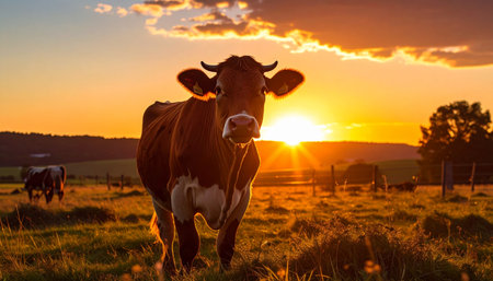 A curious cow stands peacefully in a rustic pasture, silhouetted by the warm, golden glow of a dramatic sunset. This idyllic farm scene evokes feelings of tranquility, natures beauty, and the simple life in the countryside.の素材