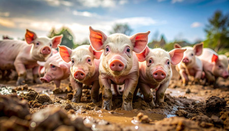 A curious group of young piglets gathers in a muddy field during the golden hour. With bright eyes and twitching snouts, they look directly into the camera, capturing a moment of innocence and playful charm on a sustainable, free-range farm. This image evokes feelings of happiness, community, and the simple joys of rural life.の素材