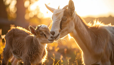 In the warm, ethereal glow of a perfect sunset, a mother goat shares a tender moment with her newborn kid. Their gentle nuzzle captures the pure, unconditional love and strong bond of family in a peaceful countryside setting.の素材