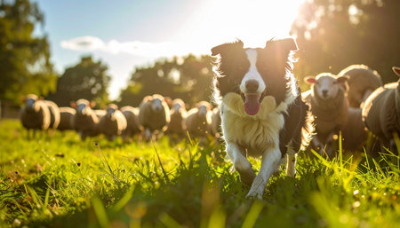 A dedicated Border Collie joyfully runs through a lush green field, expertly guiding a flock of sheep as the golden sun sets behind them. This image captures the essence of hard work, intelligence, and the timeless beauty of rural farm life.の素材