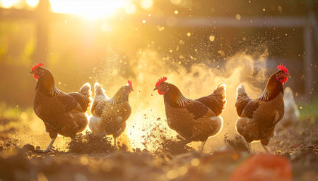 A flock of free-range hens enjoys the last rays of the day, scratching and foraging in the dusty earth. The warm, golden sunlight backlights the scene, creating a peaceful and idyllic atmosphere of rural farm life and sustainable agriculture.の素材