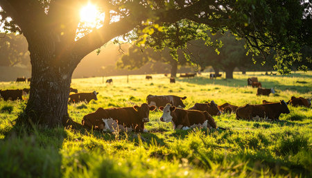 The first golden rays of sunrise spill across a lush green pasture, illuminating a herd of cattle resting peacefully under the shade of a large tree. This idyllic scene captures the tranquility of rural life and the essence of sustainable, free-range farming.の素材