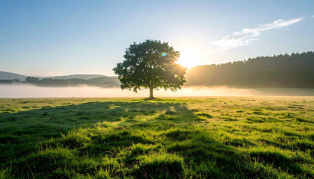 The first light of dawn breaks over a tranquil meadow, its golden rays filtering through the morning mist. A solitary oak tree stands as a silent sentinel, its silhouette a symbol of strength, endurance, and peaceful solitude. This is a scene of new beginnings and quiet contemplation.の素材