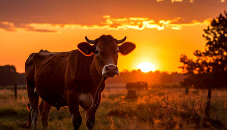 A lone brown cow stands peacefully in a grassy pasture, silhouetted against the brilliant orange glow of a setting sun. The warm light of the golden hour casts a serene and tranquil mood over the rural landscape, capturing a moment of quiet contentment in the countryside.の素材