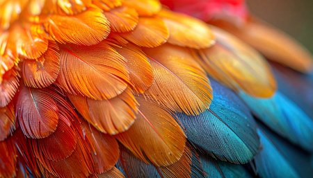 A stunning macro view captures the intricate texture and radiant gradient of a tropical macaws plumage. Warm oranges and yellows seamlessly transition into cool, vibrant blues, creating a visual symphony of color and natural design. This detailed abstract showcases the breathtaking beauty found in the animal kingdom.の素材