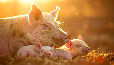 In the warm, golden glow of a setting sun, a mother sow rests peacefully in the hay with her newborn piglets. This tender moment captures the deep, gentle bond of family and the serene beauty of life on a farm, symbolizing care, new beginnings, and tranquility.の素材