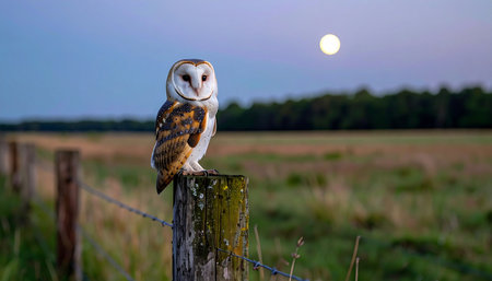 A majestic barn owl perches silently on a weathered fence post, its gaze fixed under the soft glow of a full moon. The tranquil twilight scene evokes a sense of mystery, wisdom, and the quiet beauty of the nocturnal world.の素材