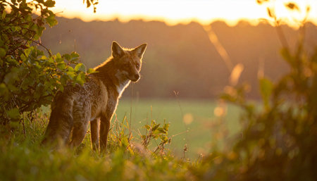 A beautiful red fox pauses at the edge of a sun-drenched meadow, its fur illuminated by the magical glow of the setting sun. Caught in a moment of quiet alertness, this wild creature embodies the serene and untamed spirit of the wilderness during the golden hour.の素材