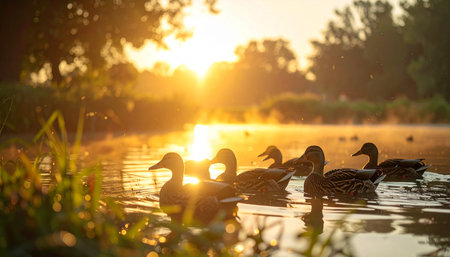 As the sun rises, casting a warm golden glow across the water, a family of ducks peacefully glides across a misty pond. This tranquil scene captures the quiet beauty of a new day beginning in nature.の素材