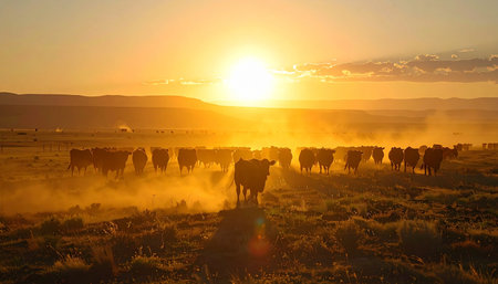 As the sun dips below the horizon, its golden rays illuminate a cloud of dust kicked up by a herd of cattle. A lone cow stands silhouetted against the brilliant light, capturing a serene and timeless moment of life on the open range at the end of a long day.の素材