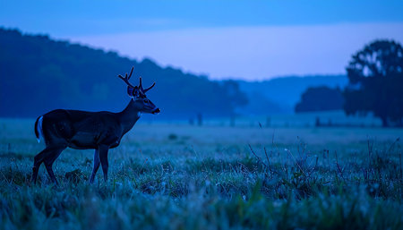 A majestic stag stands alone in a misty meadow, silhouetted against the cool blue light of dusk. The quiet, atmospheric scene evokes a sense of serene solitude and the untamed beauty of the natural world.の素材