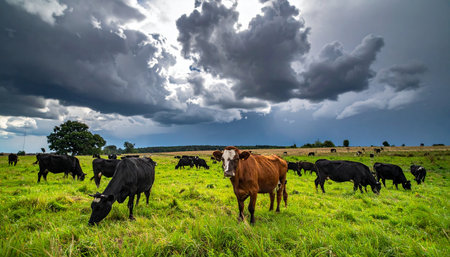A herd of cattle grazes peacefully in a lush green meadow, seemingly unfazed by the dramatic, dark storm clouds gathering overhead. A single brown cow looks directly at the camera, creating a moment of connection amidst the powerful and impending weather, capturing the resilience of nature.の素材