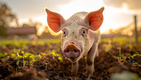 A curious and friendly piglet stands in a muddy field, its large ears perked up as it looks directly into the camera. The warm, golden light of the setting sun bathes the farm scene in a beautiful glow, highlighting the charm and innocence of rural life.の素材