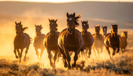 As the sun dips below the horizon, a majestic herd of horses charges forward with unstoppable force. This image captures a moment of pure, wild spirit, symbolizing freedom, teamwork, and the raw power of nature in motion.の素材