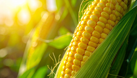 A perfect ear of corn ripens on the stalk, bathed in the warm, golden light of a late summer afternoon. This image captures the essence of a bountiful harvest, symbolizing natural growth, freshness, and the wholesome goodness of farm-to-table produce.の素材
