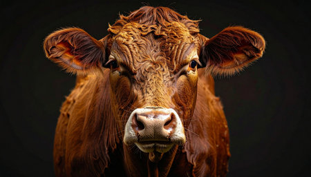 A powerful and majestic brown cow stares directly from the darkness, its intense gaze captured in a dramatic studio portrait. The rich texture of its fur and its stoic expression convey a sense of quiet strength and untamed natural spirit, isolated against a stark black background.の素材