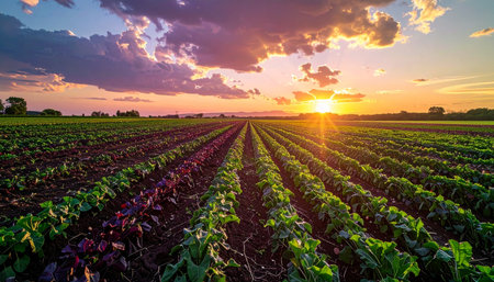 As the sun dips below the horizon, its last golden rays illuminate neat rows of young crops stretching towards the dramatic, colorful sky. This tranquil scene captures the promise of a bountiful harvest and the serene beauty of rural agriculture at dusk.の素材