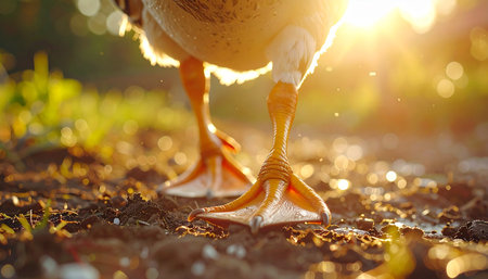 A close-up, low-angle view captures the webbed feet of a duck standing on damp earth. The scene is bathed in the warm, golden light of a setting sun, creating a peaceful and rustic atmosphere that speaks to the simple beauty of farm life at the end of the day.の素材
