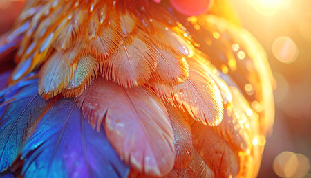 A breathtaking macro view captures the intricate details of iridescent bird feathers, bathed in the warm, golden glow of a setting sun. The ethereal light creates a magical bokeh effect, highlighting the vibrant spectrum of colors and delicate textures, evoking a sense of wonder, warmth, and natural beauty.の素材