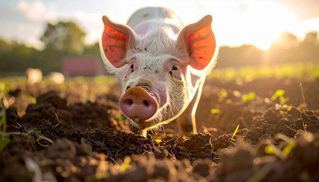 A curious young piglet pauses from rooting in the rich soil to look up, its ears glowing in the warm light of the rising sun. This idyllic scene captures the essence of free-range farming and a peaceful, sustainable connection to the land.の素材