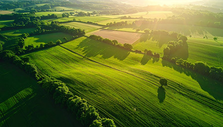An aerial drone captures the breathtaking beauty of a rural landscape bathed in the warm, golden light of a setting sun. Rolling green fields and lush hedgerows create a patchwork of vibrant life, evoking a sense of peace, tranquility, and the simple harmony of nature.の素材