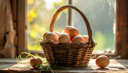 A wicker basket brimming with freshly gathered brown eggs sits on a rustic wooden windowsill, bathed in the warm, golden glow of morning sunlight. This peaceful country scene evokes a sense of simple living, farm-to-table freshness, and the wholesome start to a new day.の素材