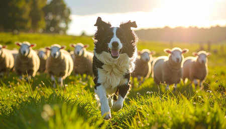 A dedicated Border Collie joyfully runs through a sun-drenched pasture, expertly guiding its flock of sheep as the golden hour light bathes the farm in a warm glow. This image captures the intelligence, energy, and timeless bond between a working dog and its livestock.の素材