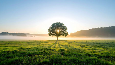 A single, majestic oak tree stands alone in a vast green field, silhouetted against a brilliant golden sunrise. Morning mist drifts across the tranquil landscape, creating a serene and hopeful scene of new beginnings and natural beauty.の素材
