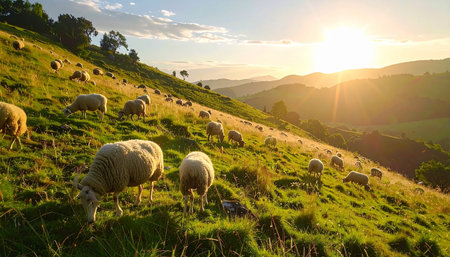 As the sun dips below the rolling hills, its warm golden light bathes a tranquil hillside in a final, beautiful glow. A flock of sheep peacefully graze on the lush green grass, embodying a moment of serene, rustic simplicity in the heart of the countryside.の素材