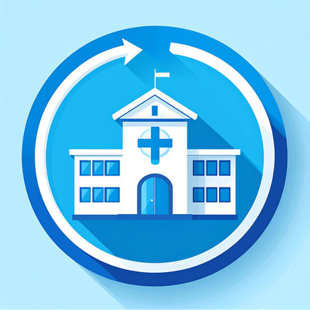 A modern flat design icon representing the continuous cycle of healthcare. The circular arrow symbolizes round-the-clock service, patient recovery, and the seamless flow of medical support, perfect for illustrating reliable and accessible medical facilities.の素材