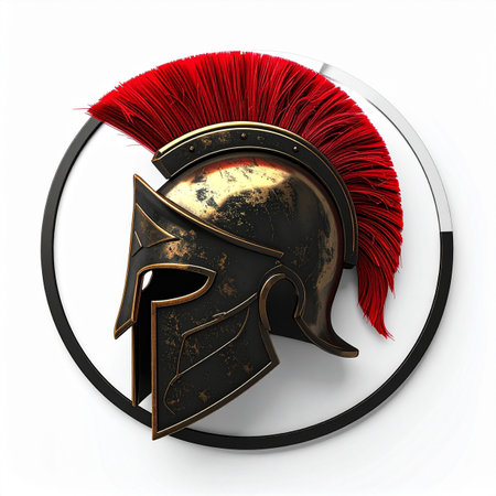A symbol of legendary courage and unwavering strength, this ancient Spartan helmet with its vibrant red crest stands ready. Isolated on a clean background, it represents the honor, discipline, and protective spirit of the historic warrior, perfect for concepts of leadership and security.の素材