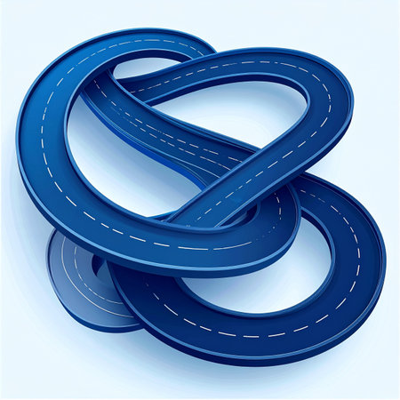An impossible highway twists and turns into an endless knot, symbolizing a complex journey or a strategic challenge. This abstract representation illustrates the intricate paths of business, life, or problem-solving, where the way forward is not always a straight line.の素材