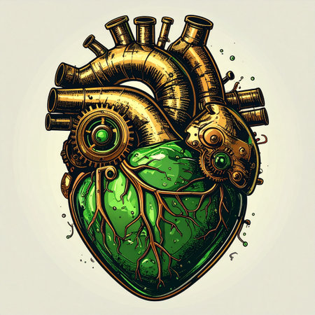 An intricate illustration where organic life meets industrial invention. A vibrant green emerald core, pulsing with natural energy, is encased in a complex assembly of brass gears, pipes, and valves. This image symbolizes the fusion of nature and technology, representing concepts like sustainable innovation, the power of a mechanical soul, or the future of bio-engineering.の素材