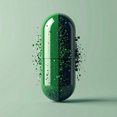 A single green capsule stands against a minimalist background, its surface dissolving into a cloud of nanoparticles. This image represents the future of medicine, showcasing advanced drug delivery systems, biotechnology, and the precise release of active ingredients for maximum efficacy.の素材