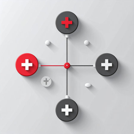 In a clean, structured system, one element stands out. This central red node acts as the core, a point of origin or leadership, influencing the entire network. It represents a key decision, a unique idea, or a vital connection that holds the structure together, symbolizing innovation and strategic importance.の素材