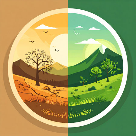 A powerful visual illustrating the stark contrast between a world ravaged by climate change and one that is lush and thriving. One side shows a barren, arid landscape, while the other depicts a vibrant, green ecosystem, symbolizing the choice between environmental destruction and conservation.の素材