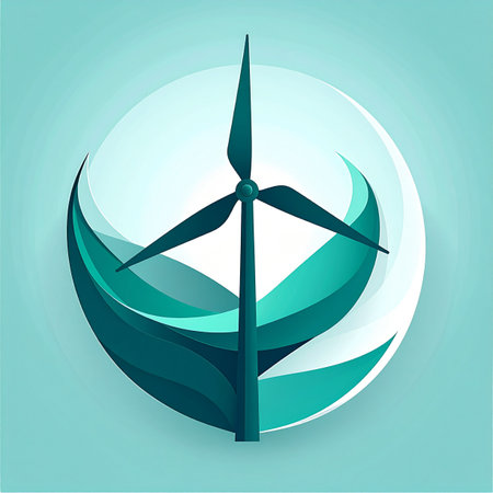 A modern and stylized illustration representing the future of clean, renewable energy. This graphic icon, with its sleek wind turbine and flowing abstract shapes, symbolizes innovation, sustainability, and a commitment to protecting the environment for future generations.の素材