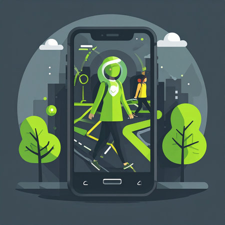 A person navigates the streets of a futuristic city at night using an advanced augmented reality app on their smartphone. The glowing green interface overlays the path directly onto the real world, representing the seamless integration of digital guidance and urban exploration in a connected, high-tech society.の素材