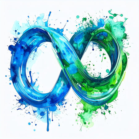 A fluid brushstroke of blue and green watercolor captures the essence of the infinity symbol. The vibrant splashes and drips suggest a dynamic, endless flow, representing concepts like sustainability, eternal connection, and the seamless cycle of life and nature.の素材