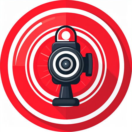 This graphic illustration shows a CCTV camera with a glowing red light, indicating its active. Set against a bold red target, it evokes a sense of being watched, monitored, and under scrutiny, perfect for themes of security, control, and modern technology.の素材