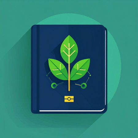 A flat design icon representing the fusion of nature and technology. A vibrant green plant grows from a technological base on the cover of a dark blue book, symbolizing the growth of knowledge in fields like biotechnology, sustainable innovation, and environmental science. This image is perfect for concepts related to modern education, eco-friendly solutions, and scientific research.の素材