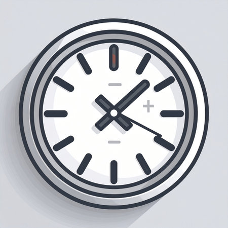 An illustrative icon of a clock featuring plus and minus symbols, representing the concepts of time management, productivity, and the value of every moment. This graphic symbolizes gaining or losing time, making it ideal for projects related to business efficiency, deadlines, and strategic planning.の素材