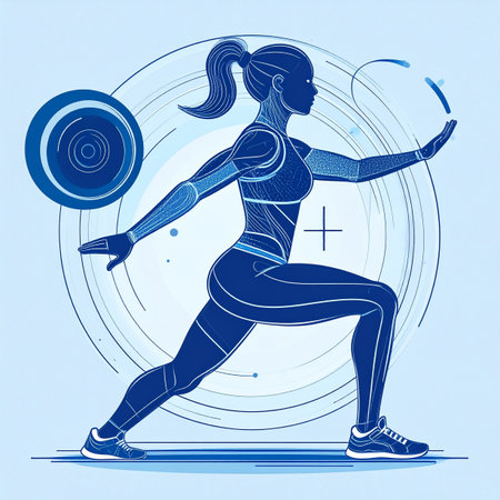 In a high-tech digital environment, an advanced female cyborg engages in a precision workout, interacting with holographic data. This illustration represents the future of fitness, where artificial intelligence and human enhancement converge for peak performance and wellness.の素材