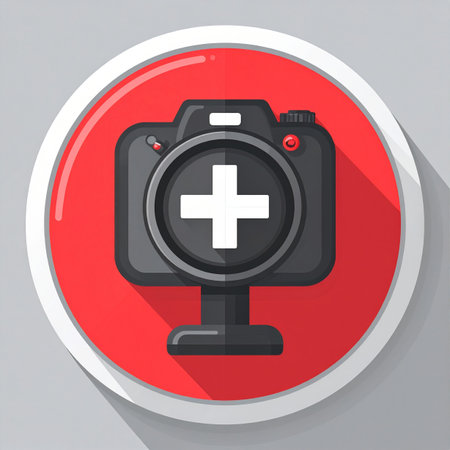 A modern flat design icon featuring a camera with a plus symbol on a vibrant red button. This graphic represents adding a new photo, uploading media, or creating content, ideal for user interfaces in websites and mobile applications.の素材