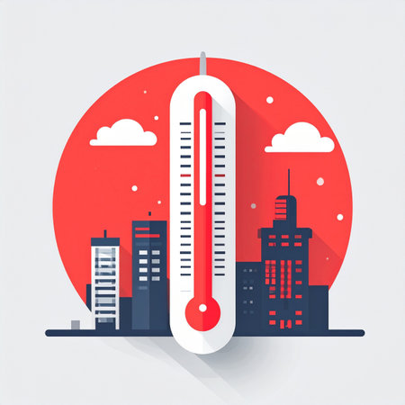 A graphic illustration of a city experiencing a severe heatwave, symbolized by a large thermometer showing a critically high temperature. This flat design concept visually represents themes of global warming, climate change, and extreme summer weather in an urban environment.の素材